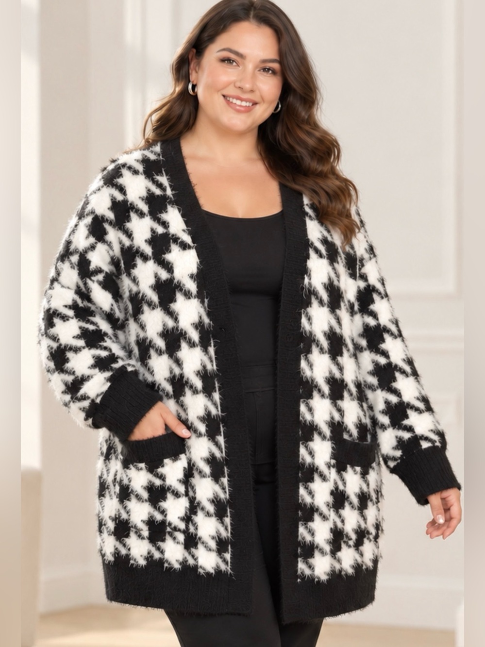 Isaac Mizrahi Live 2X Plus black white Houndstooth cardigan sweater Cozycore